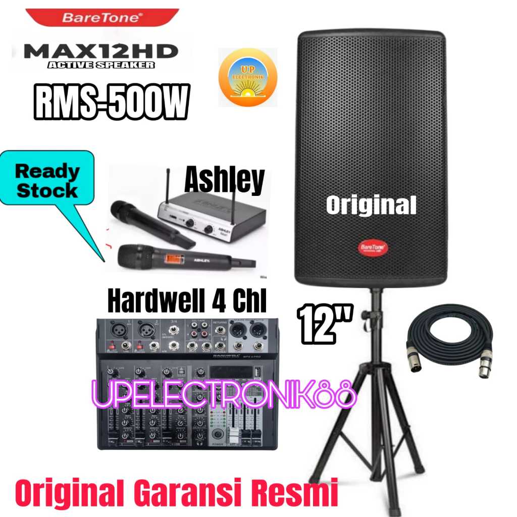 KELENGKAPAN PAKET TERDIRI DARI : * 1 UNIT SPEAKER AKTIF 12 INCH BARETONE MAX12HD * 1 UNIT MIXER 4 CH