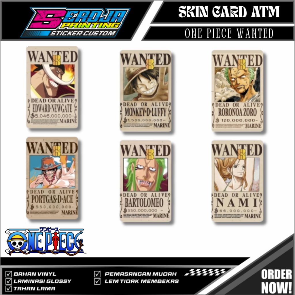 

STICKER GARSKIN ATM ONEPIECE LUFFY PELINDUNG KARTU SKIN CARD ATM KARTU KREDIT DEBIT GARSKIN SIM KTP E-MONEY STIKER MOTIF ONE PIECE WANTED LUFFY RORONOAZOROLEM KUAT ANTI GORES