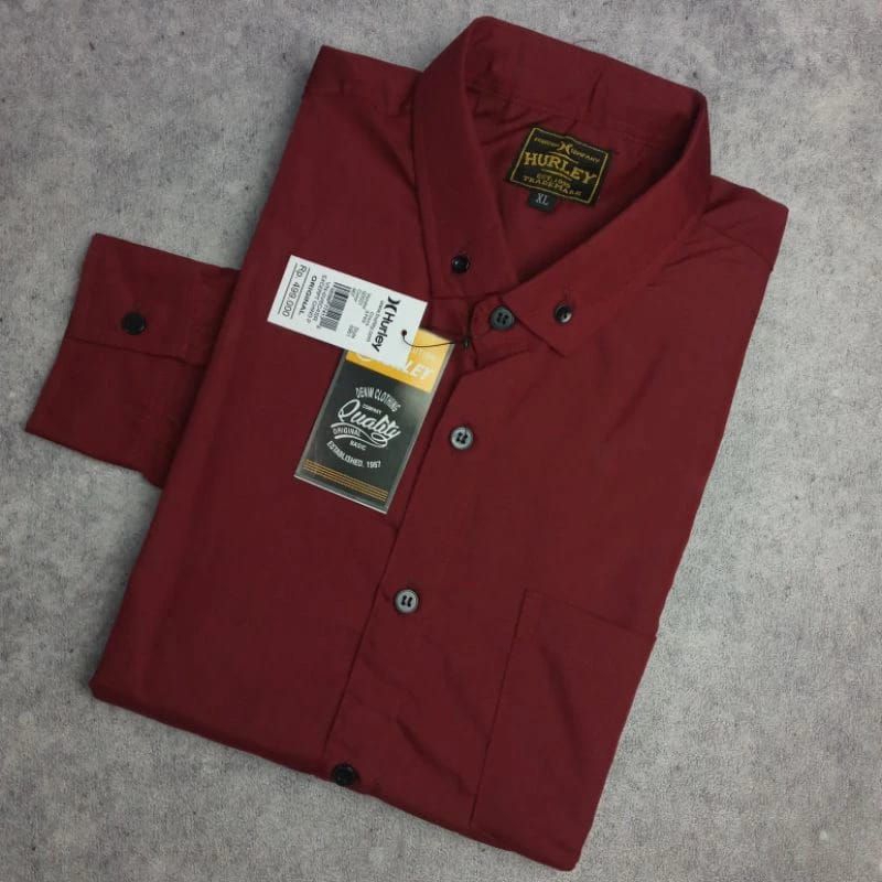 kemeja pria lengan panjang warna merah maron bahan katun hem pria lengan panjang kemeja kantor motif