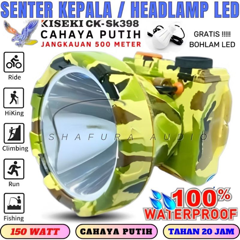 Senter Kepala KISEKI CK-SK398 Cahaya Putih 150 Watt Sistem Cas LED Tahan 15 Jam Waterproof Ori / Sen