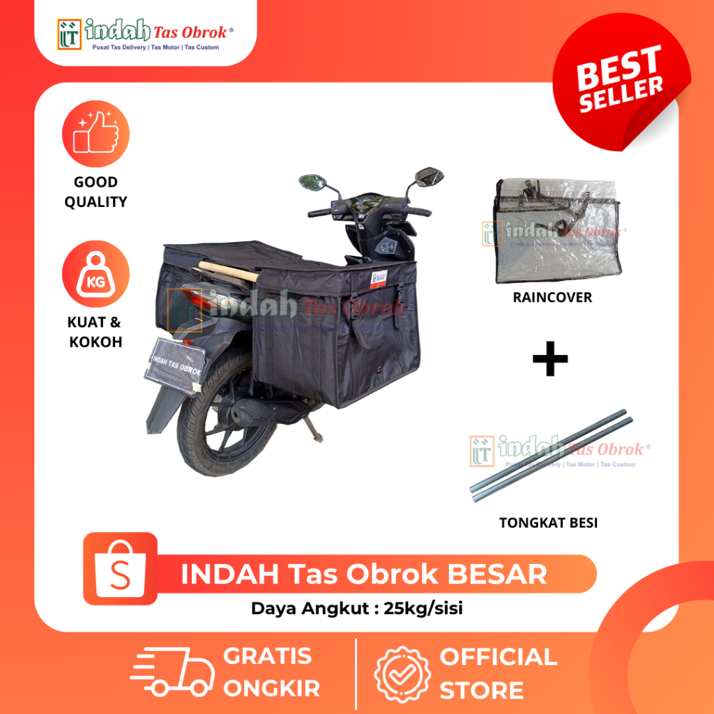 INDAH Tas Obrok - [PAKET LENGKAP] Tas Obrok Motor Besar Hitam Kuat + Tongkat Besi + Raincover