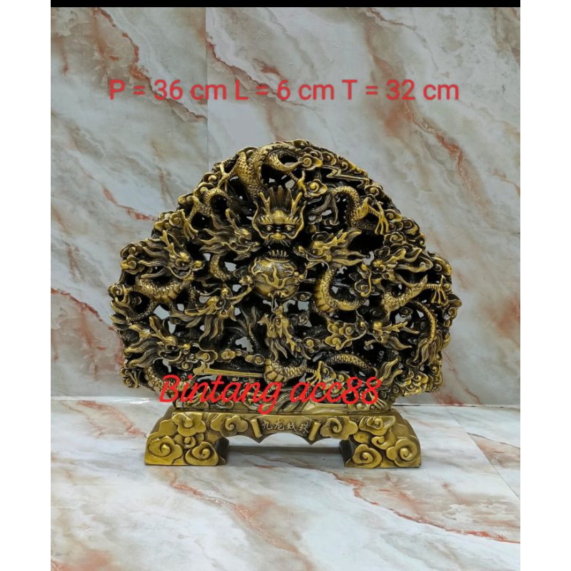 pajangan patung 9 naga kaisar giok - kuningan - T. 32cm