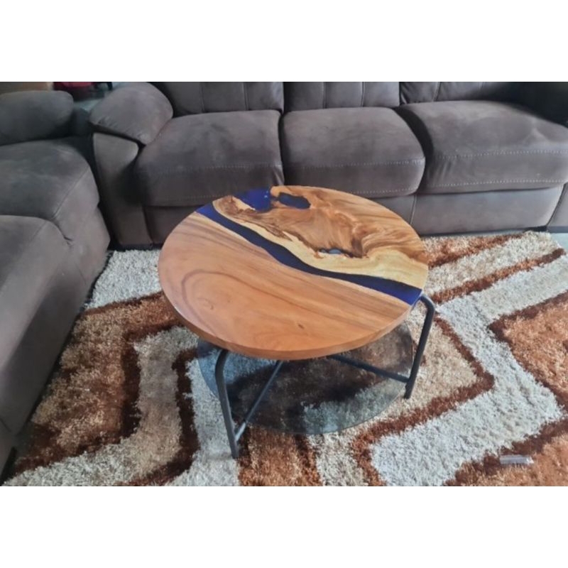 Meja kopi bulat kayu trembesi meja kopi kaca river Ready Stocl