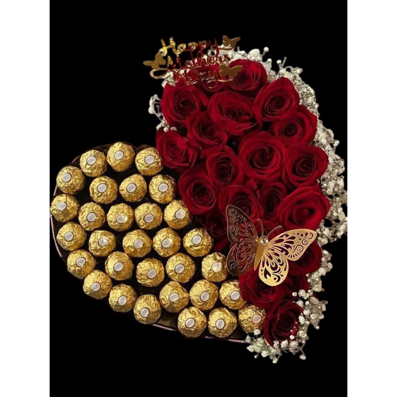

bloom box cokelat Ferrero Rocher mix bunga mawar hidup