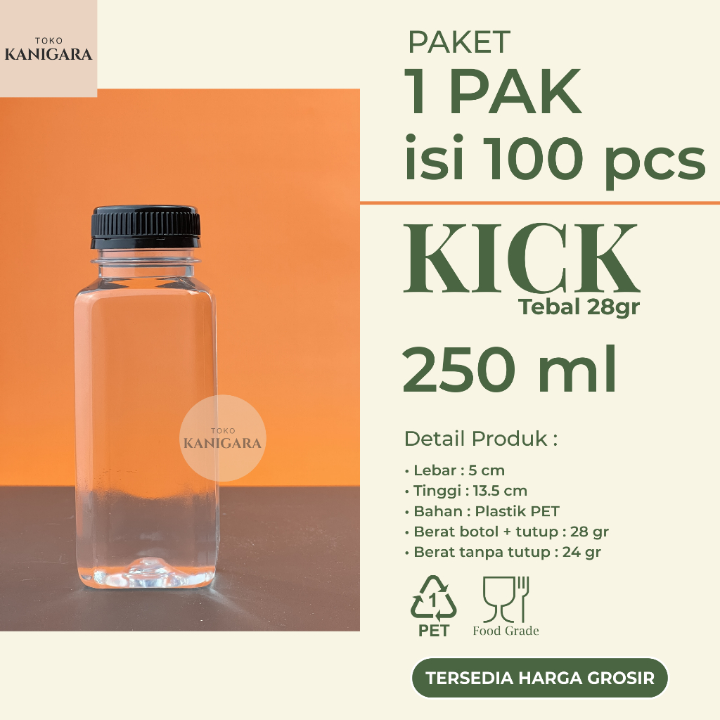 Kick 250 Reguler - Botol plastik 250 ml - Botol plastik kotak 250 ml