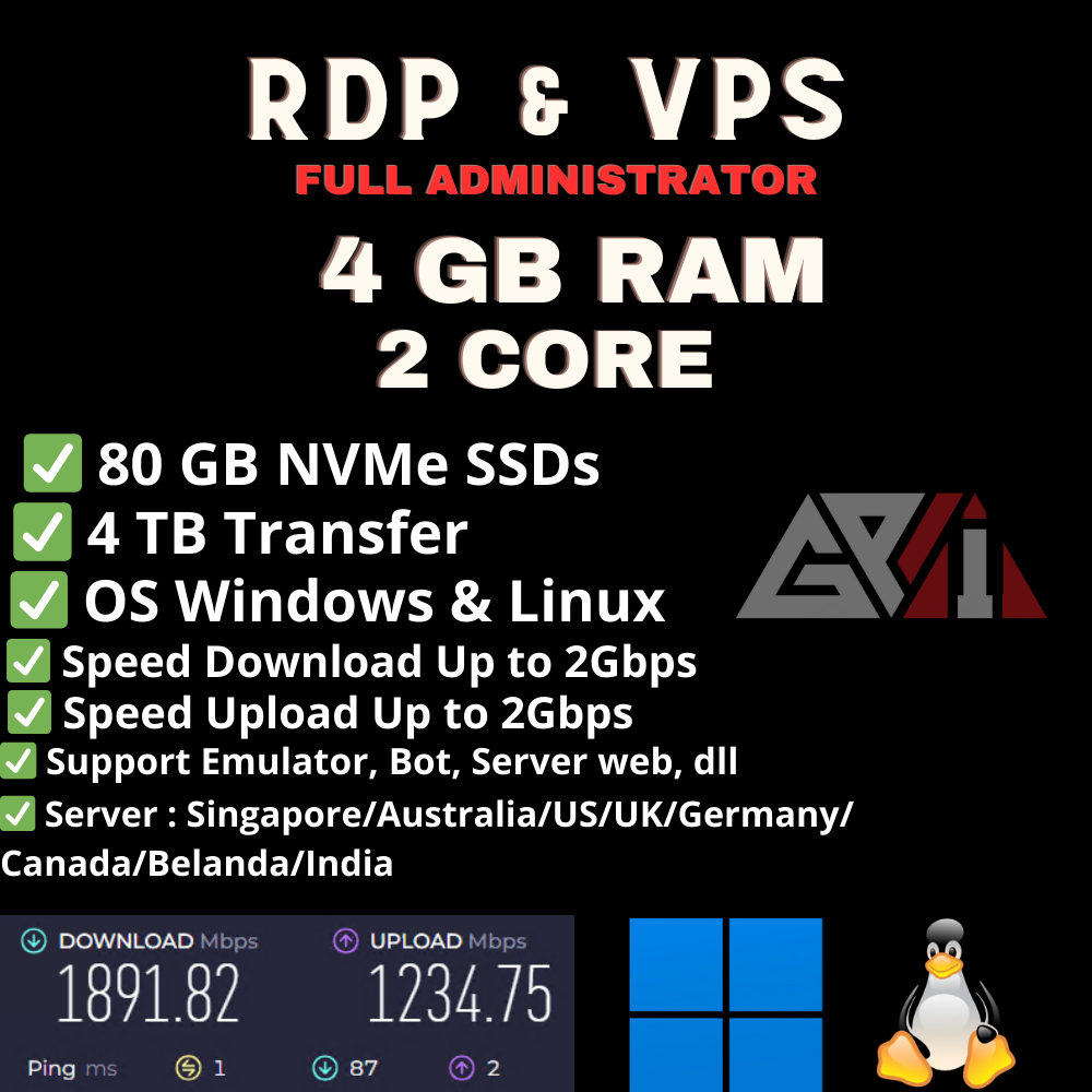 RDP VPS 2 CORE RAM 4 GB Murah Bulanan Full Admin Bisa di Perpanjang BERGARANSI 