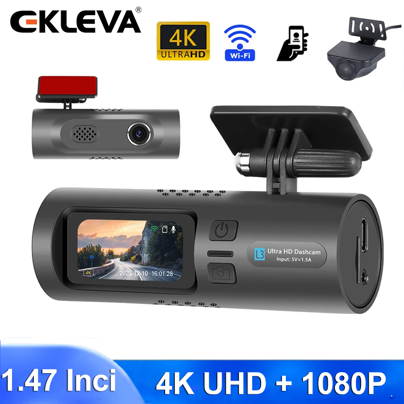 EKLEVA Dashcam Mobil Dual Kamera 4K UHD DVR Mobil Layar 1.47 Inch WIFI Ada G-Sensor Support Pemantau
