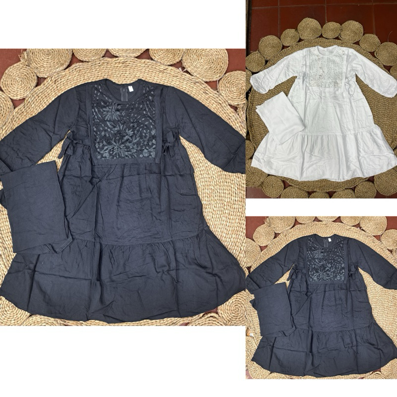 DISKON GAMIS MUSLIM ANAK PEREMPUAN KHUSUS HITAM DAN PUTIH BAHAN KATUN TWILL MIX RENDA DADA SET HIJAB