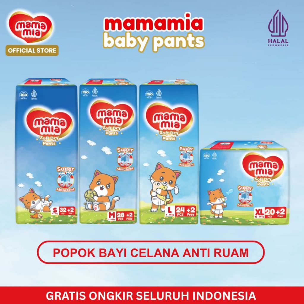 MAMAMIA Popok Bayi Anti Ruam S34 M30 L26 XL22 HALAL - Soft Dry Pants Xtra Lembut Xtra Kering
