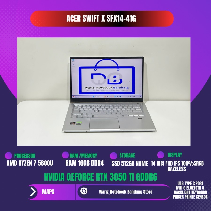 ACER SWIFT X SFX14-41G AMD RYZEN 7 5800U NVIDIA RTX 3050 Ti RAM 16GB SSD 512GB 14inci 100sRGB