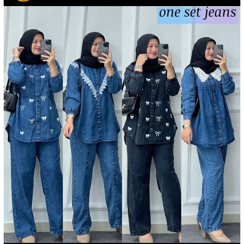 SETCEL WANITA ONE SET JEANS PREMIUM KANCING HIDUP BUSUI UK JUMBO