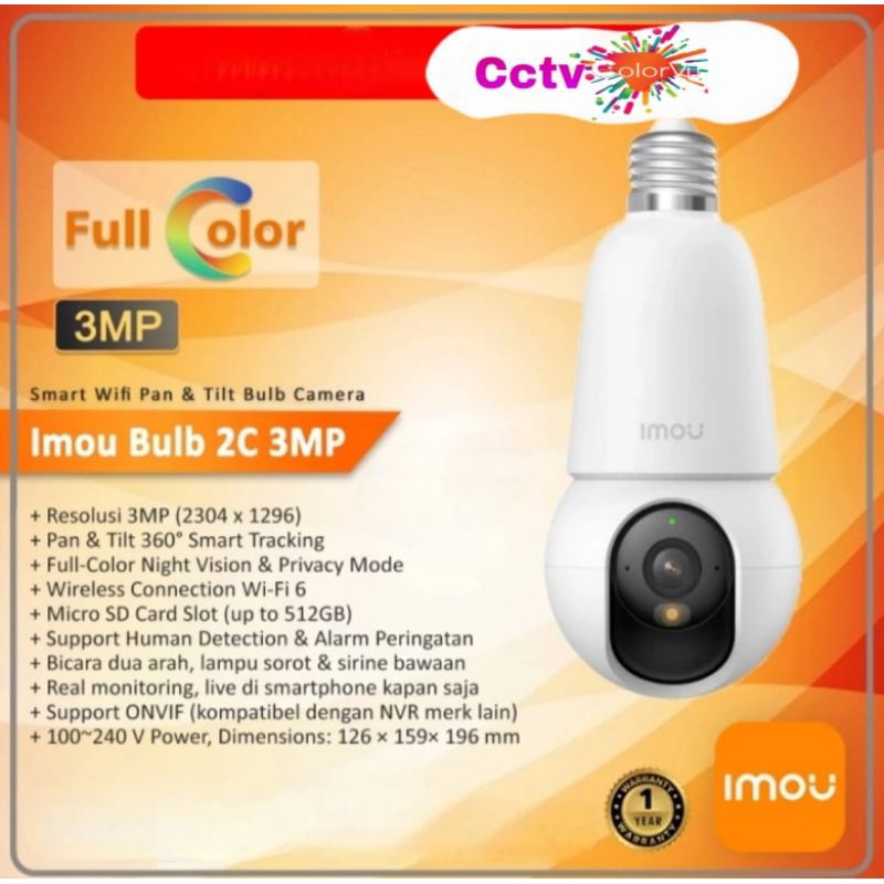 Imou Bulb Camera 3MP Wi-Fi Color Night Two Way Audio PTZ CCTV Kamera Bolam Lampu yang didukung denga