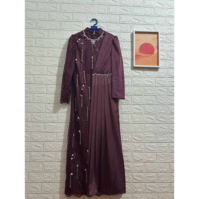 dress gamis pesta gaun mewah kondangan payet brukat burgundy preloved