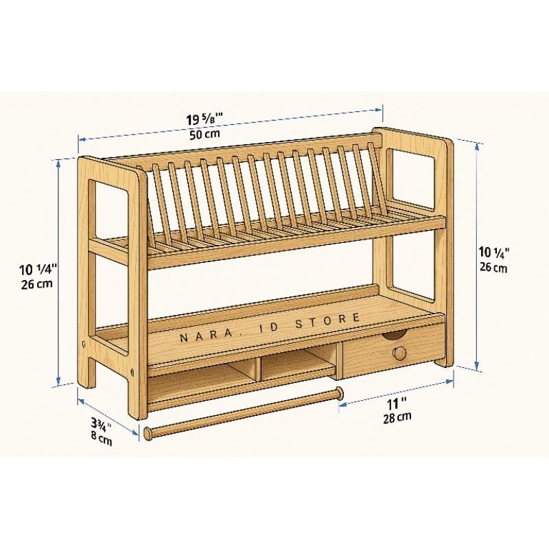Rak piring kayu jati belanda Scandinavian style susun 2 tingkat