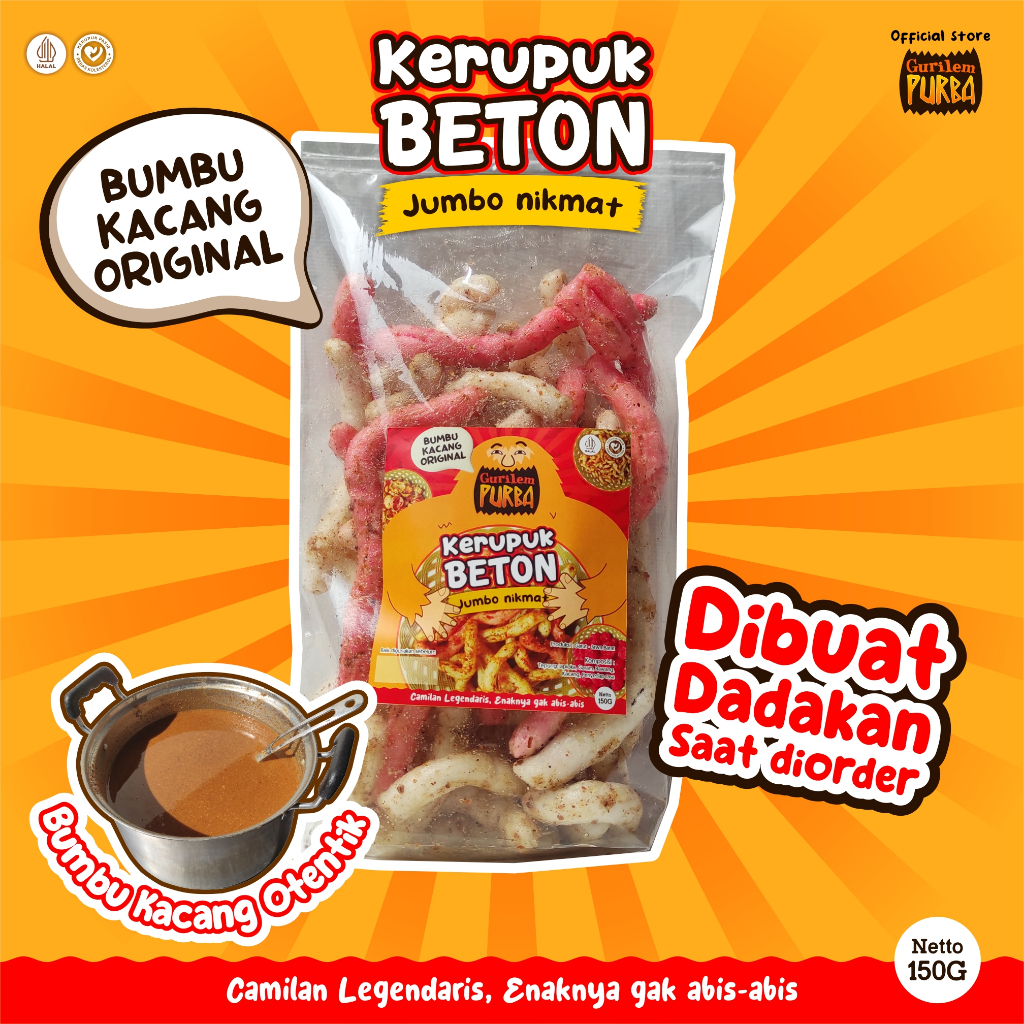 

kerupuk beton purba, kerupuk sangrai, dibumbui, dan dibungkus dadakan