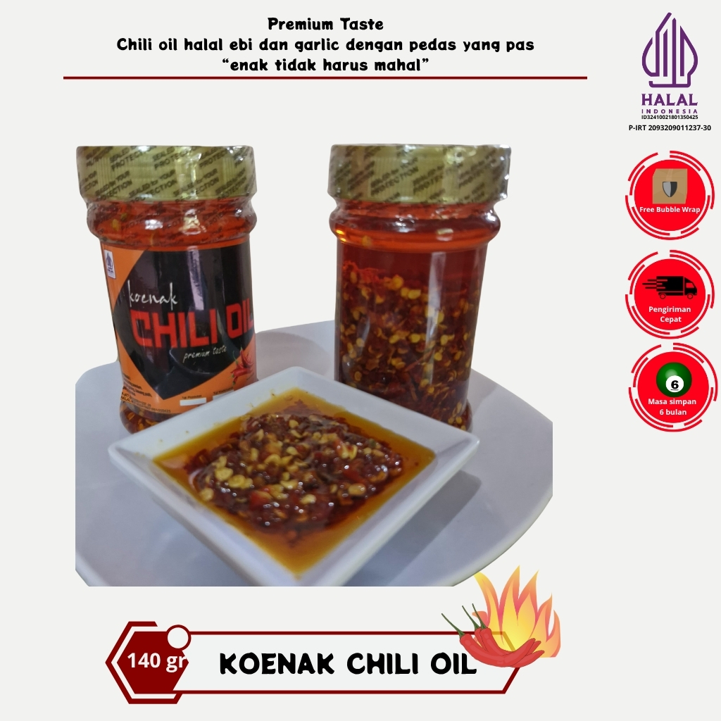 

Chili Oil Koenak / Minyak Cabai Ebi garlic HALAL MUI home Made lezat / Chili Oil pedas halal garlic dan ebi kemasan botol 140 gram
