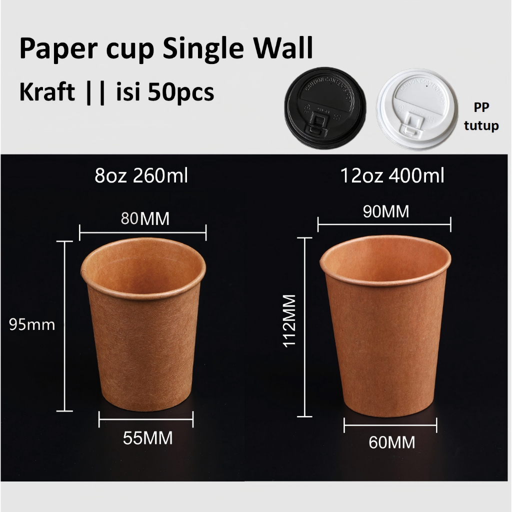 [50PCS]Paper cup Kraft Single Wall 8oz 12oz + Tutup Lid / Gelas Kertas Kraft  8oz 12oz/ Heat Resista