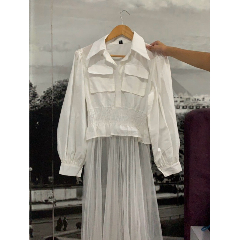white top with sheer layer kemeja putih wanita