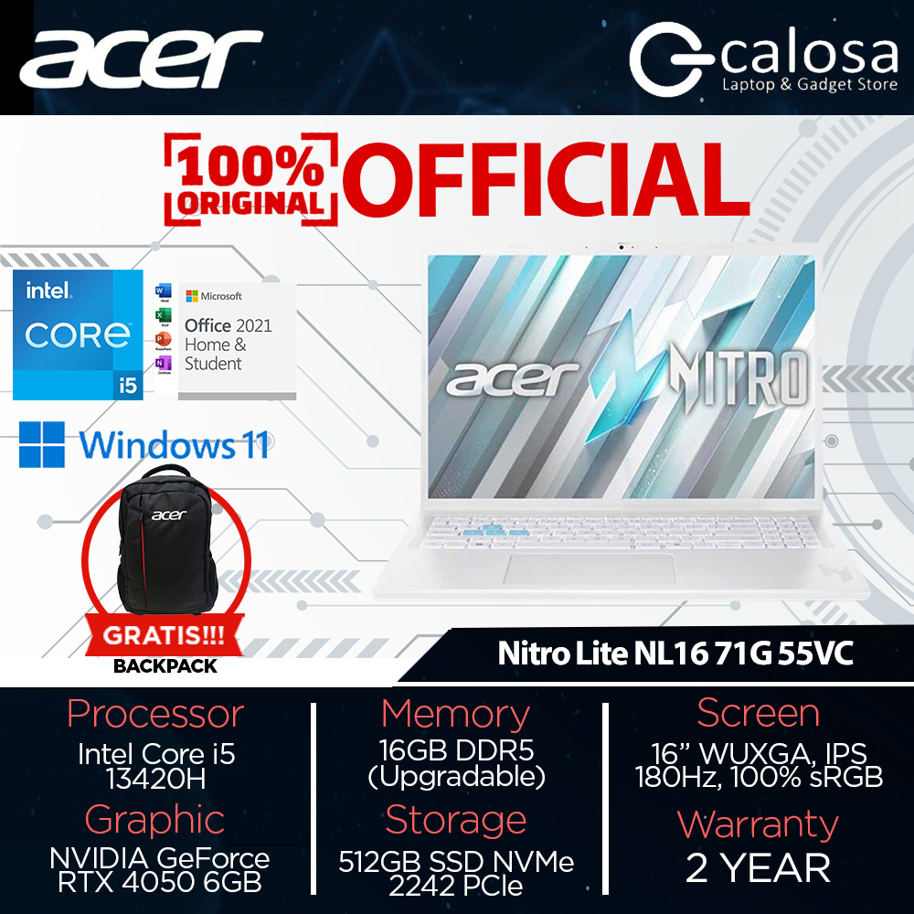Acer Nitro Lite NL16 71G 55VC i5 13420H RAM 16GB SSD 512GB RTX4050 16″WUXGA Windows 11 Home+ Office 