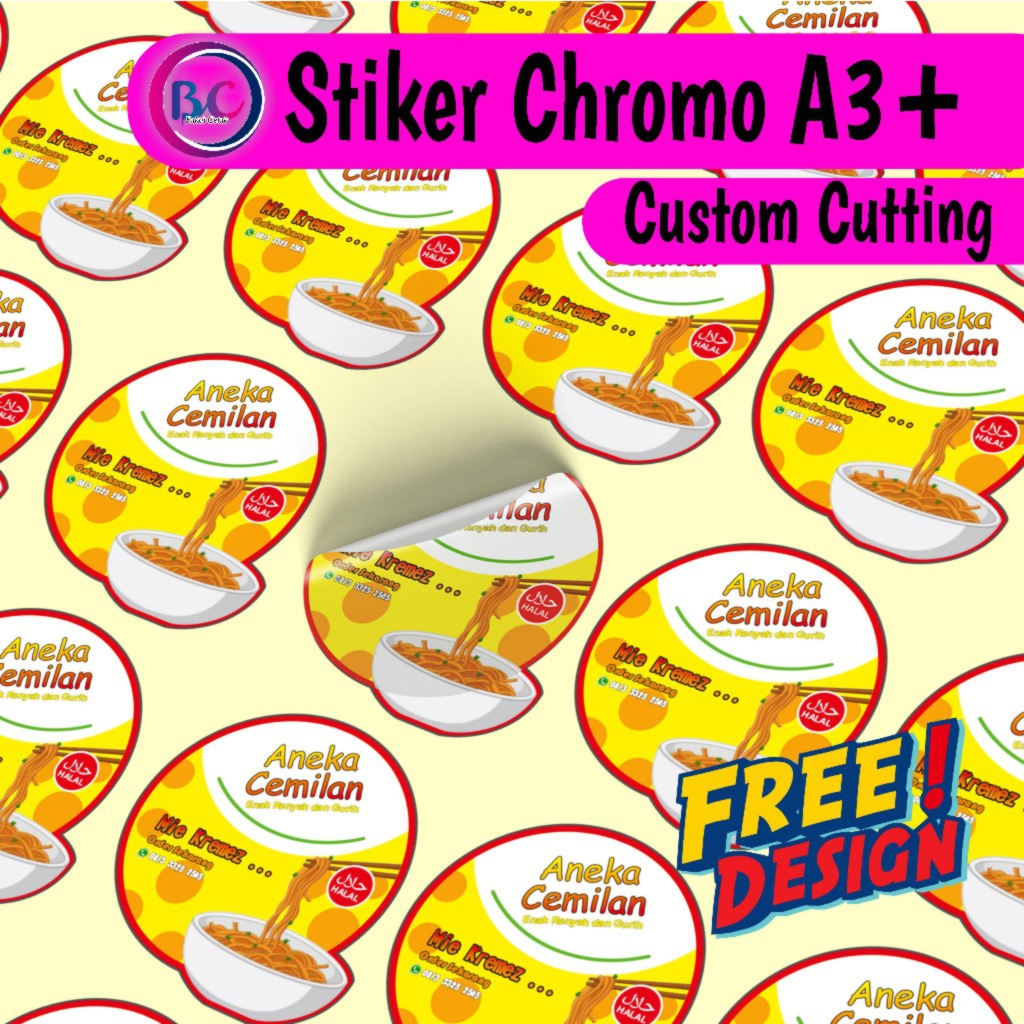 

Cetak Stiker Chromo Glossy A3+ Label Kemasan Produk (Custom Cutting)