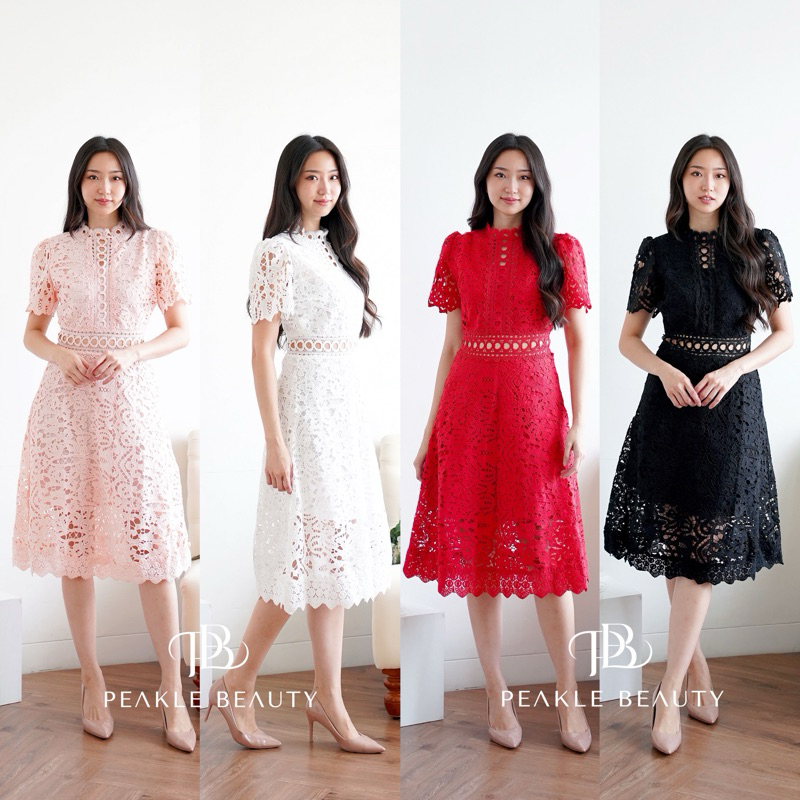 PEAKLE BEAUTY - AGATHA DRESS [BEST SELLER | Midi Dress | Brokat Dress | Dress Hitam Brokat]