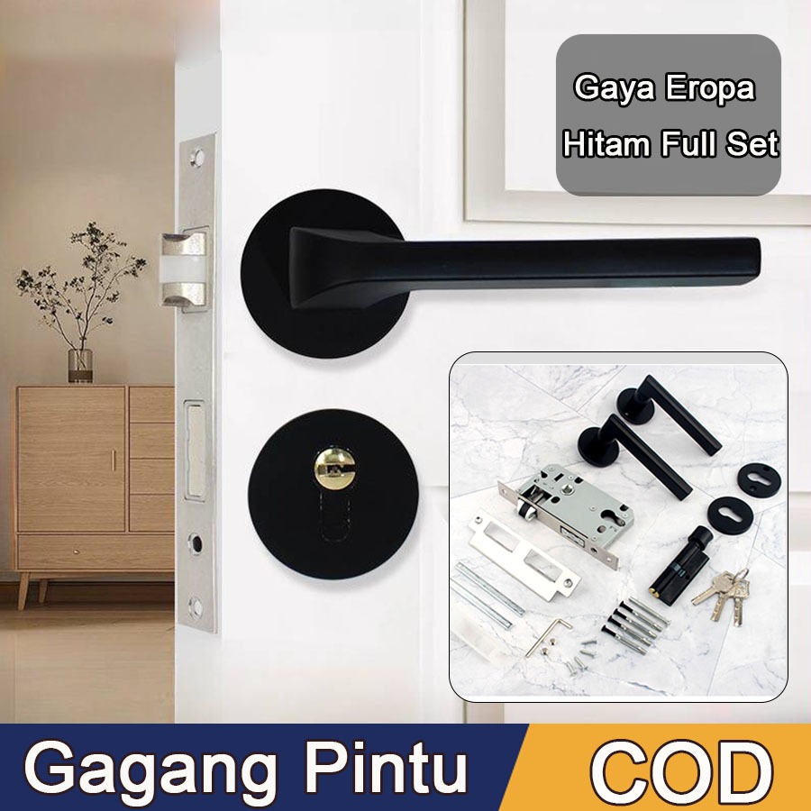 Gagang Pintu Gaya Eropa Hitam Full Set Kunci Pintu Misah Kunci Pintu Kamar Tidur Universal Gagang Pi