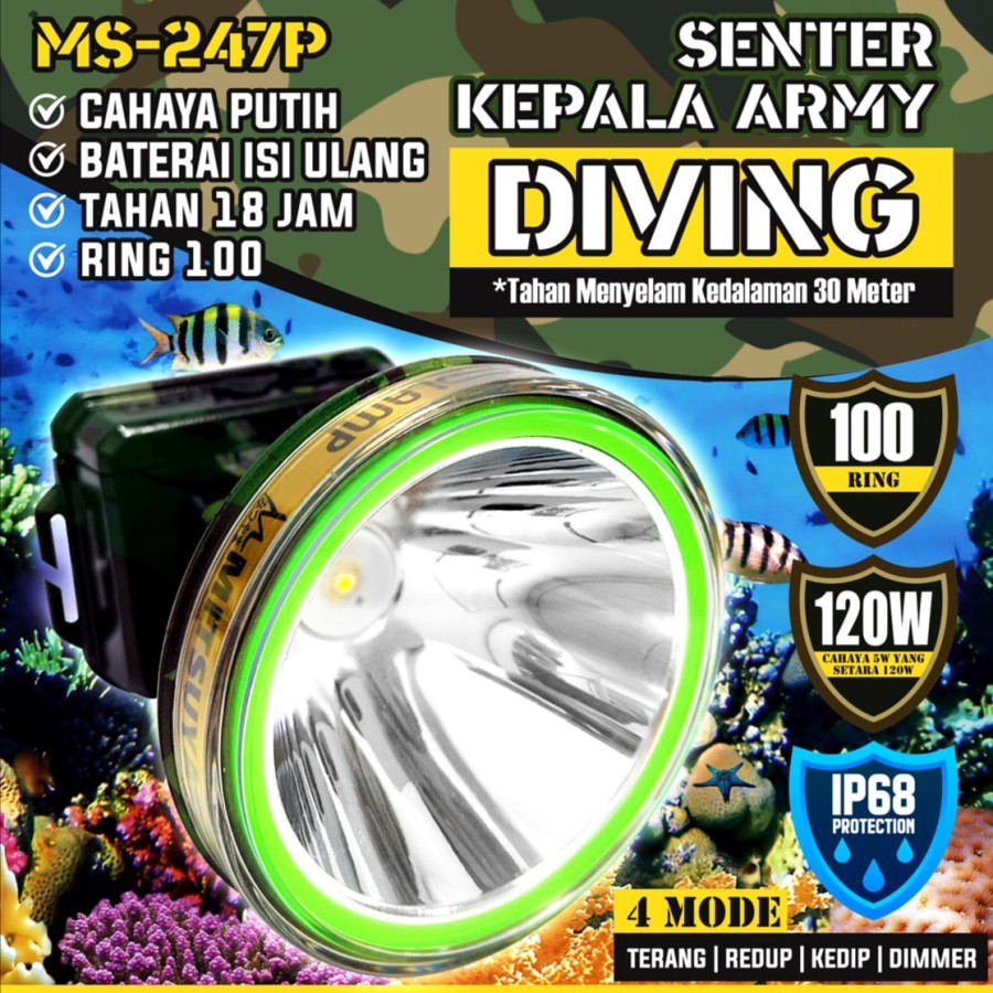 Senter Kepala Selam Loreng Mitsuyama 120w MS-247P / MS 247P Senter Selam Headlamp Super Bright Cahay
