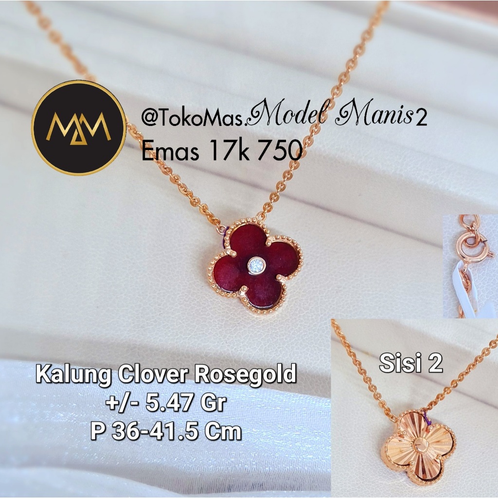 Kalung Set Liontin Alhambra 2 sisi italy rose IT gold 750 kadar 17k