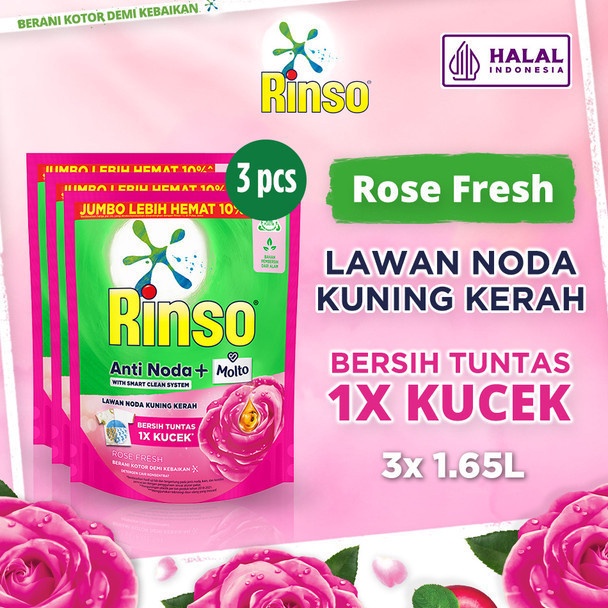 KODE J8W Rinso Molto Detergent Cair Deterjen Anti Noda Rose Fresh 165 L x3
