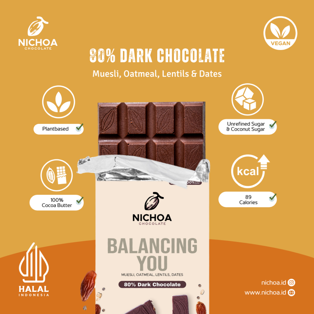 

Nichoa 80% Dark Chocolate Muesli & Dried Fruit, Less Sugar, Vegan