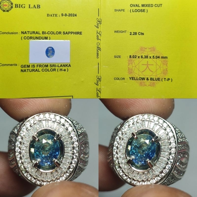 Natural Bicolor Fancy Sapphire Srilanka 2.2ct BIG Material Crystall Full Luster Gemericik Ring Perak