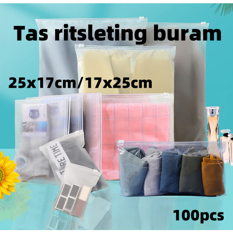 

[17X25CM] Tas Ritslisting Buram Frosted Pouch Mika Kantong Plastik Baju Travel Matte Polos Portable