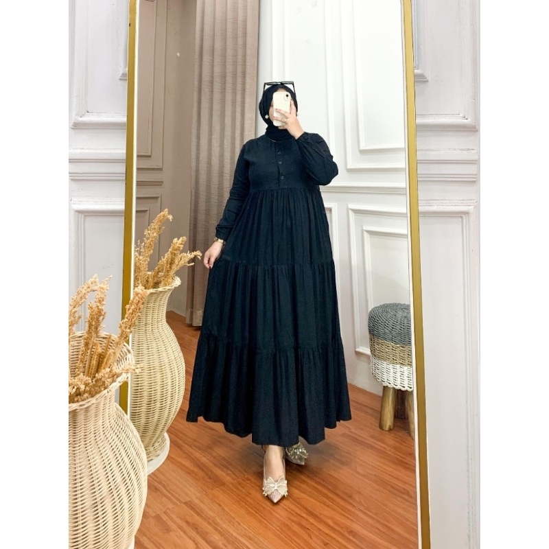 GAMIS MUSLIM WANITA POLOS WARNA HITAM  BAHAN RAYON TWILL TEBAL SUPER PREMIUM HOMEDRESS KANCING BUSUI