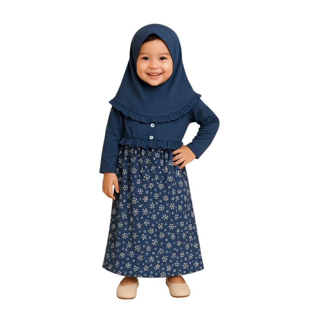 Gamis Hijab Bayi Az-Zahra Spandek Kancing Motif Bunga New Born Baru Lahir 0-2 Tahun Denim