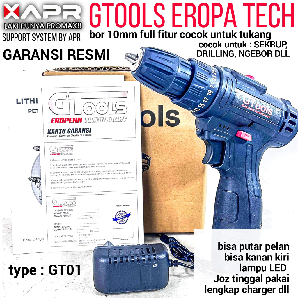 GTOOLS BOR CORDLESS 12V GTOOLS TYPE GT01 MESIN BOR BATERAI DRILL TEMBOK BESI KAYU SEKRUP FULLSET