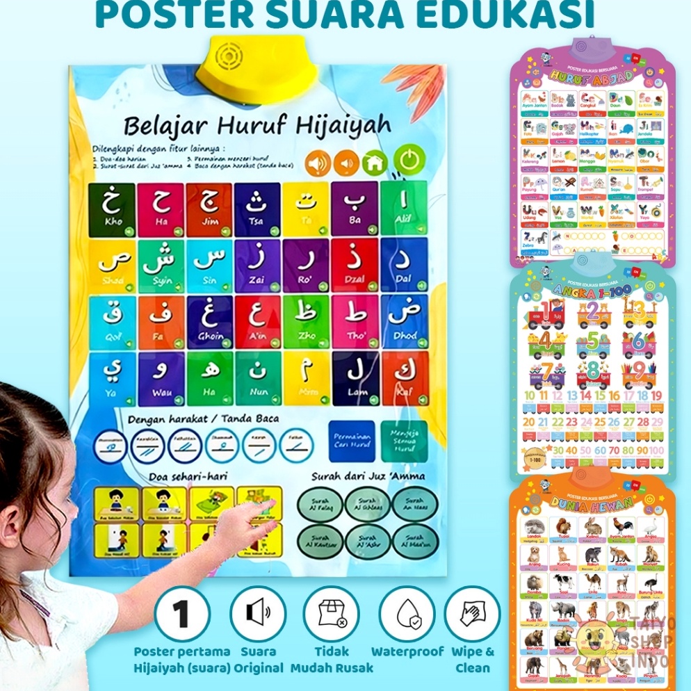 TAIYO Poster Edukasi Bersuara Hijaiyah Huruf Angka Hewan Buah Suara Belajar 3 Bahasa Ngaji Bunyi Mem