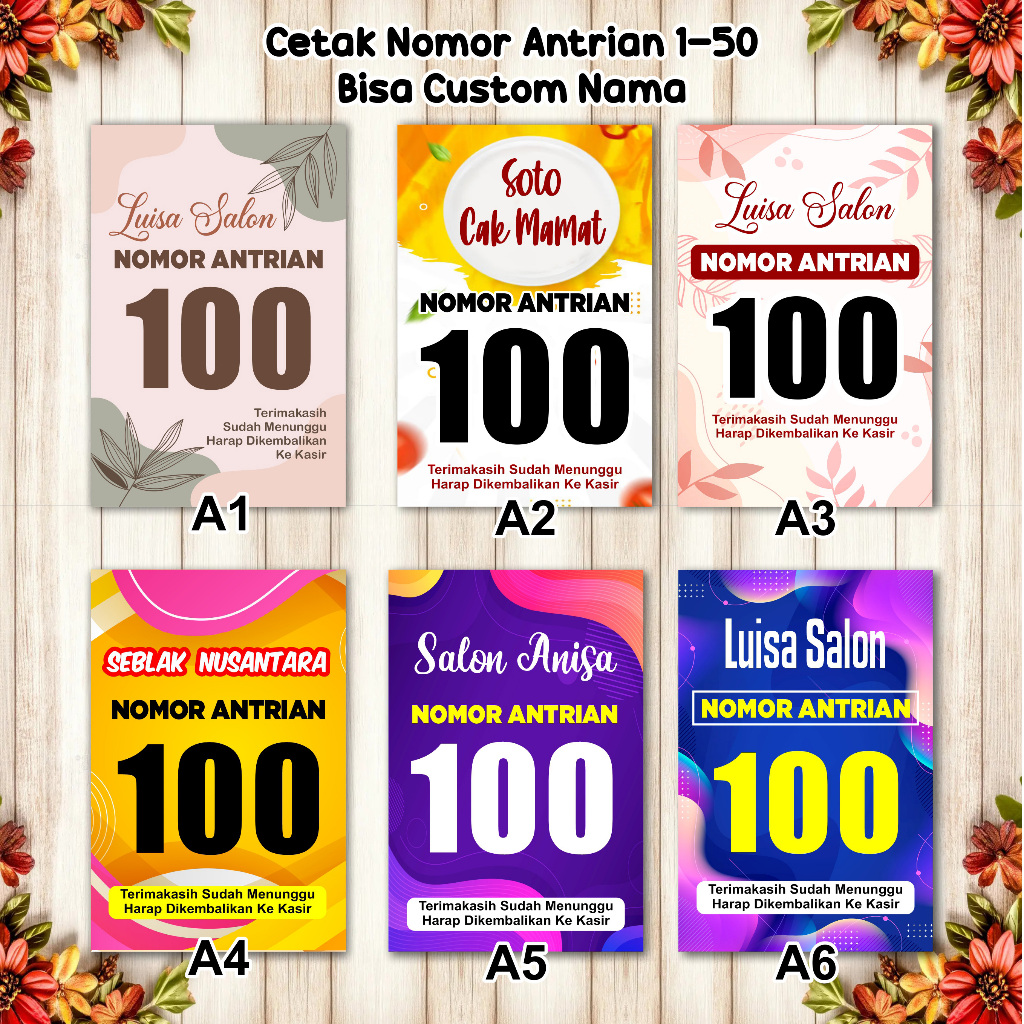

Kartu antrian mulai nomor 1-50, bisa ditambahkan teks sesuai nama usahanya. Desain menarik, cocok untuk warung, rumah makan, salon dll