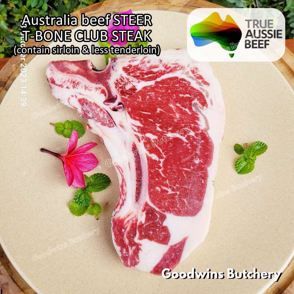 

Beef T-BONE CLUB STEAKS Australia STEER (young cattle) Porterhouse TBone aged-frozen