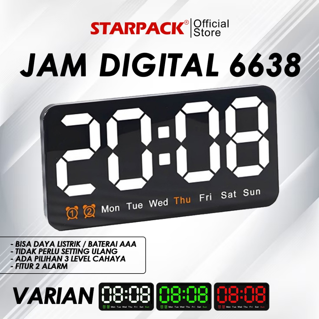6638 Jam Dinding / Meja Digital LED Tampilan Jam / Hari / Bisa Baterai & USB