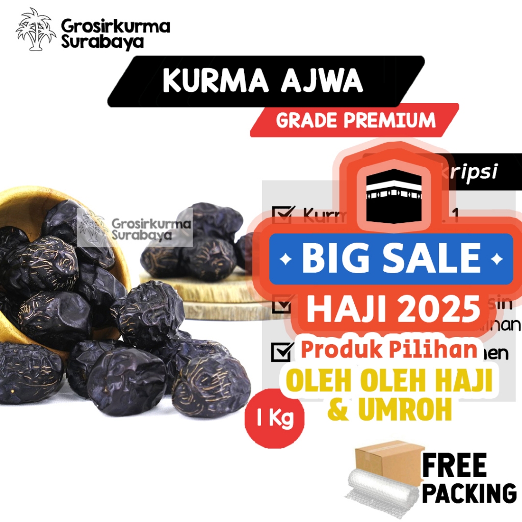 

Kurma Nabi Ajwa Premium Madinah 1 Kg Tekstur Besar Pelancar Kelahiran Bumil MPASI Oleh Haji Umroh
