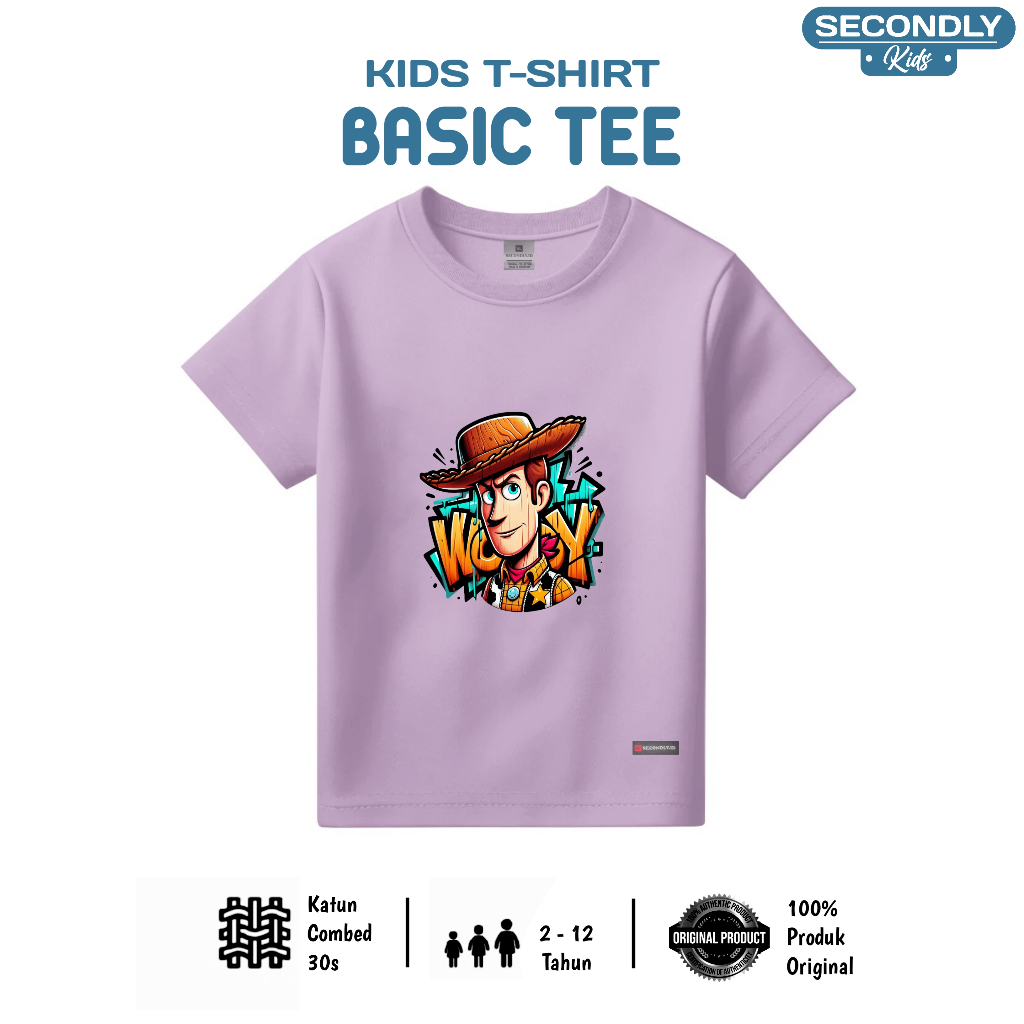 Secondly Kids T-Shirt Basic Tee Unisex Bahan Combed 30s Toy Story Karakter Woody Usia 2-12 Tahun