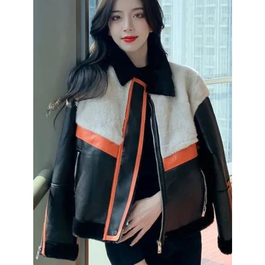 sherpa jaket bulu semi kulit wanita korean style