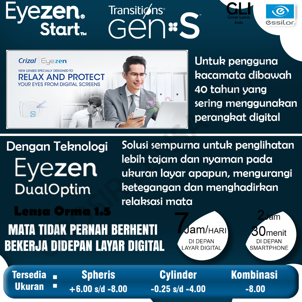ESSILOR SV EYEZEN START ORMA 1.5 TRANSITION GEN S GARANSI RESMI ESSILOR 2 TAHUN