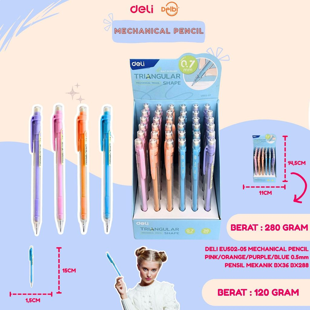 

1PCS DELI EU502-05 MECHANICAL PENCIL PINK/ORANGE/PURPLE/BLUE 0.5mm PENSIL MEKANIK