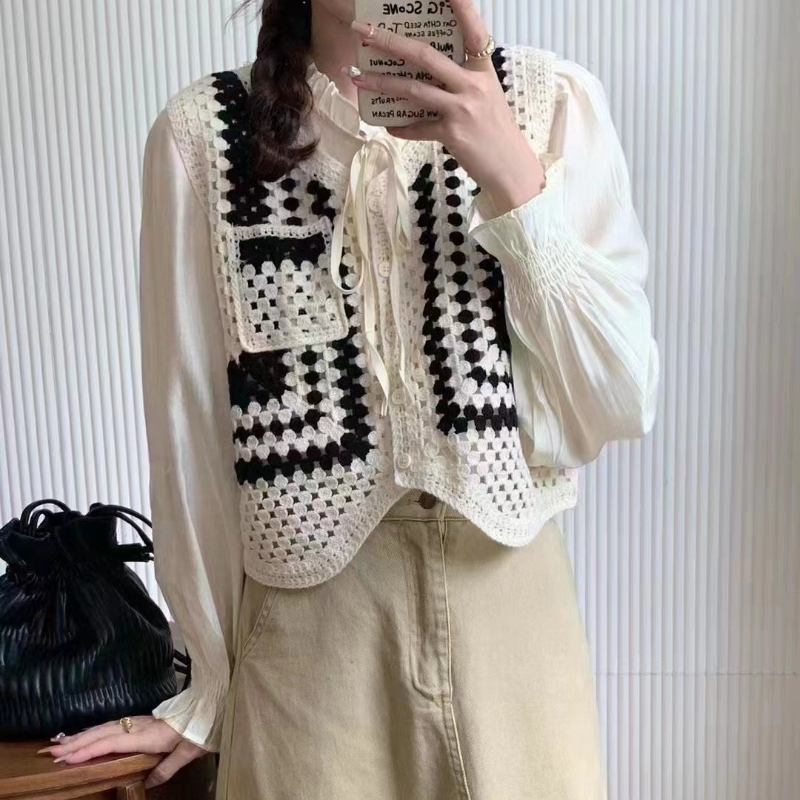 yikoo-Fashion set kemeja + rompi rajut atasan korea wanita