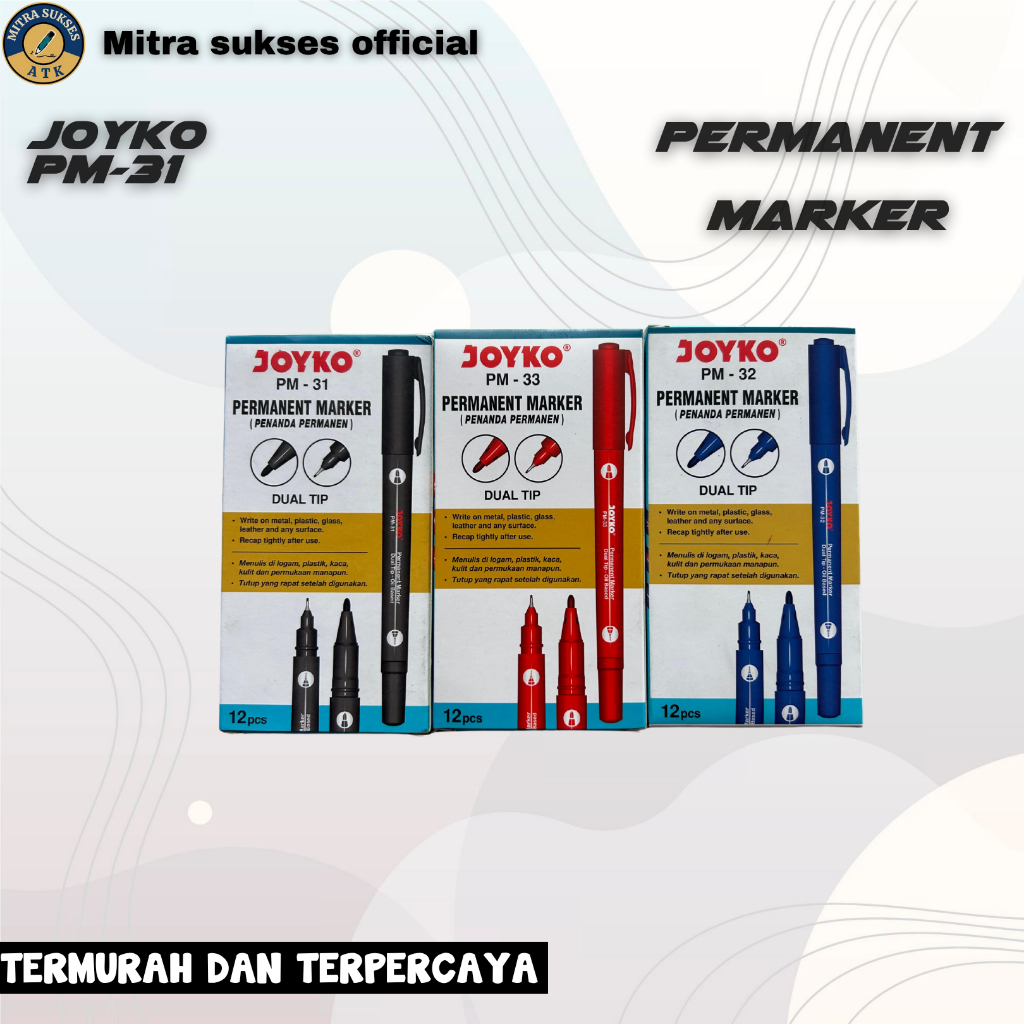 

JOYKO PERMANENT MARKER SPIDOL Permanen Dual Tip 0.7mm Hitam Biru Merah Pena Stationery (12 Pcs)