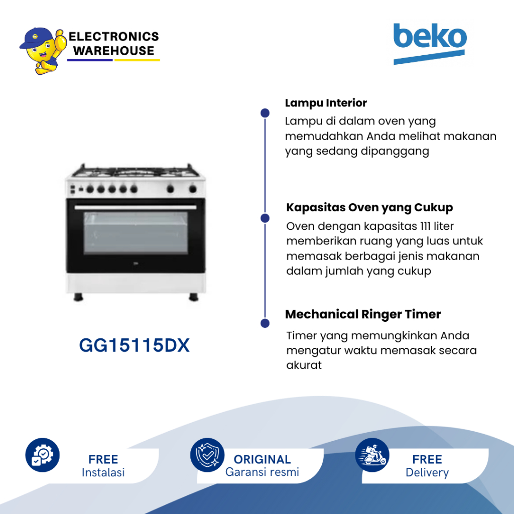 Beko Freestanding Cooker Kompor Gas Oven 5 Tungku GG15115DX
