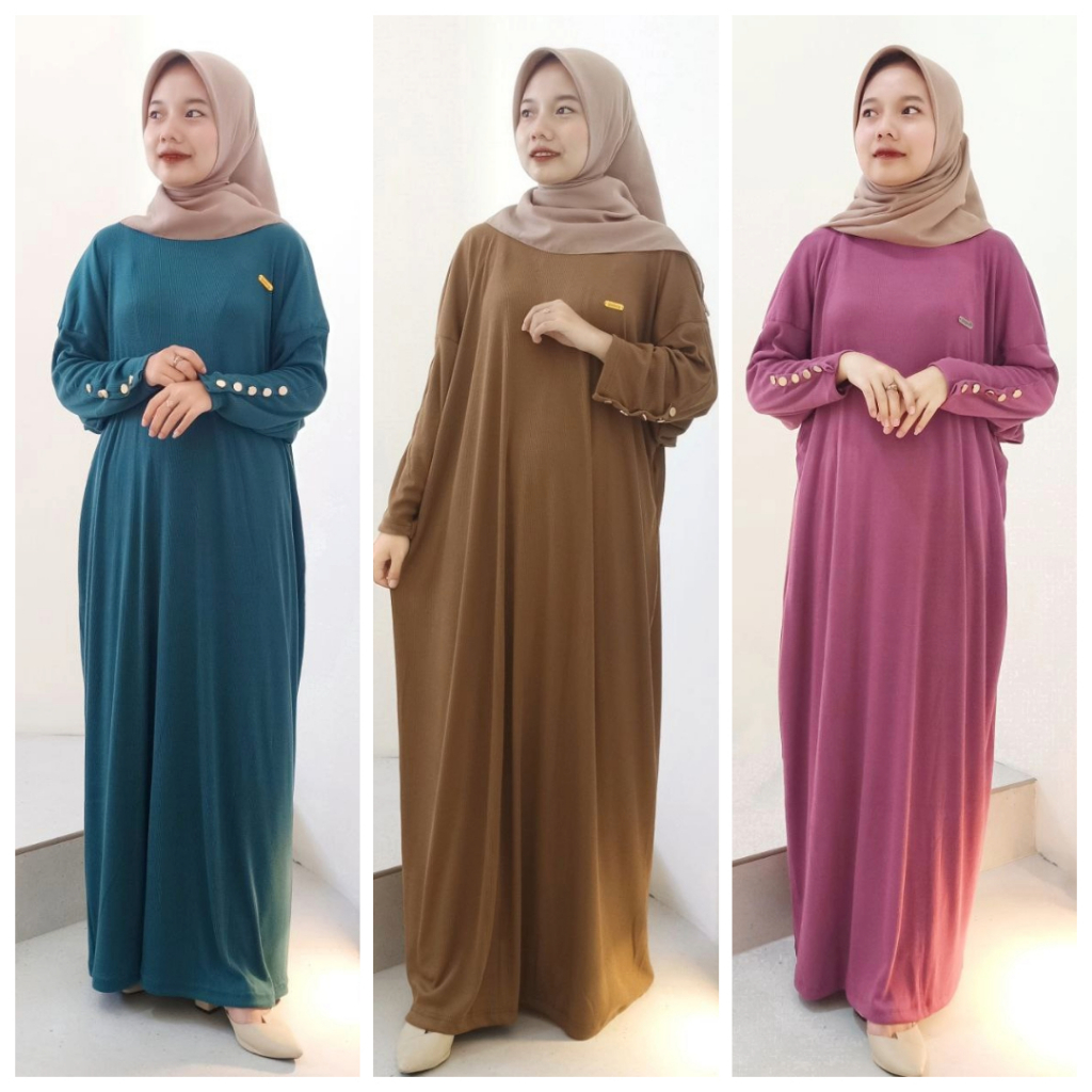 ABAYA RIB | Ria Inara Dress Batwing Kancing Bahan Knit - Gamis Jumbo Murah - Dress Warna Maroon Mera