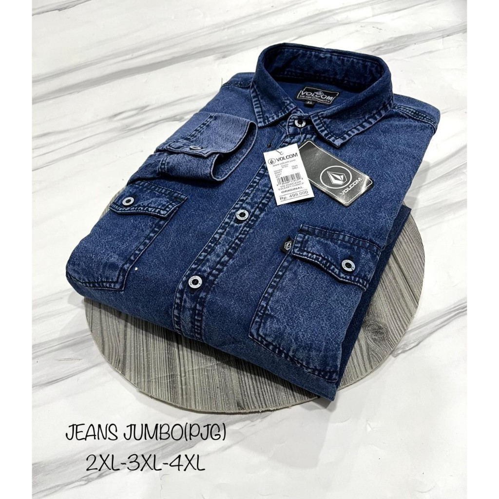 Volcom Kemeja jeans pria jumbo premiuum (M,L,XL,2,3,4XL) Lengan Panjang , denim tebal dan nyaman