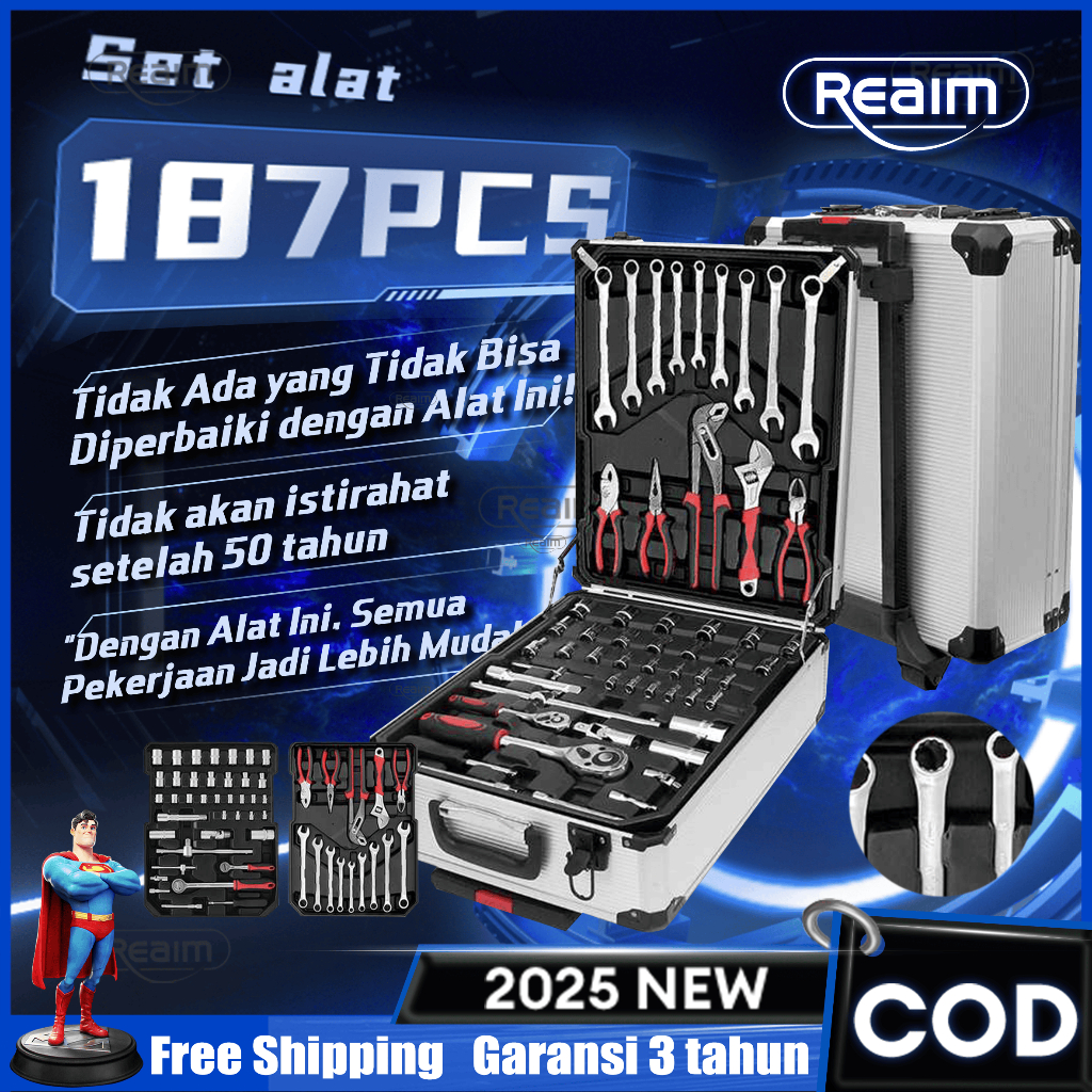 Reaim Tool Kit 187 PCS Perkakas Bengkel Dan Rumah Koper Lengkap Bahan Kuat Tools Set 187pcs alat